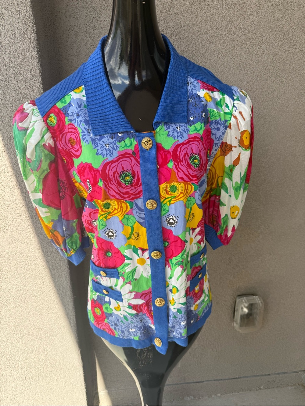 Vintage Diane Fred Knits Floral Mixed Media Cardigan Top • Rayon Silk & Cotton M